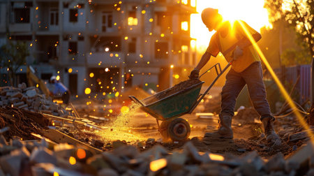 A construction worker in an orange vest operates a wheelbarrow on a building site at sunset. Dust particles reflect sunlight, creating a magical atmosphere.の素材