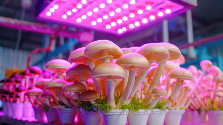 Vibrant display of fresh organic mushrooms cultivated under LED lights, showcasing modern agricultural techniques in a sustainable indoor environment.の素材