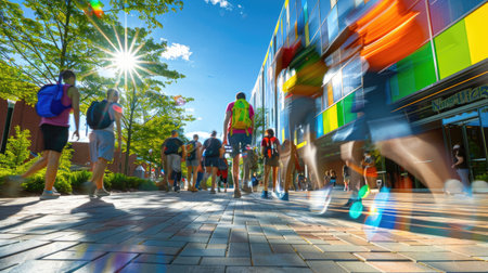 A vibrant scene of people walking along a sunny city street, showcasing a blend of motion and modern architecture, set against a bright blue sky.の素材