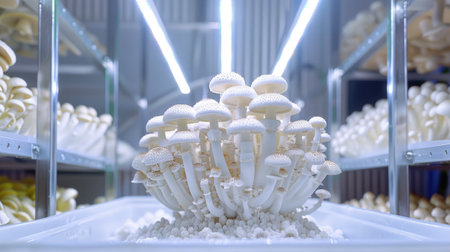 A visually striking display of fresh white mushrooms thriving in a controlled indoor environment, illuminated by bright LED lights, showcasing modern agricultural practices.の素材
