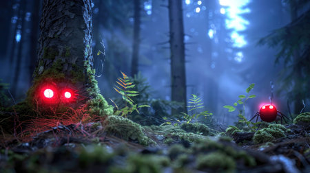 Immerse in a captivating forest scene featuring glowing eyes peeking through lush trees and foliage, creating an atmosphere of mystery and enchantment.の素材