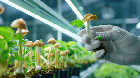A close-up view of a hand wearing a glove holding a mushroom alongside a young plant in a high-tech greenhouse setting, depicting modern agricultural practices.の素材