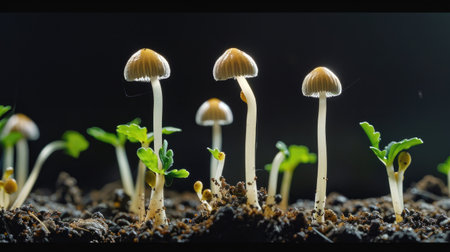 This captivating image showcases delicate mushrooms rising from rich soil, surrounded by vibrant green seedlings, against a dark backdrop. The interplay of light and shadow highlights the beauty of growth in nature. Perfect for themes of ecology and botanical exploration.の素材