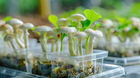 This vibrant image features freshly grown mushrooms nestled in transparent containers, accentuated by lush greenery. The natural light adds warmth, creating an inviting atmosphere ideal for nature lovers and agricultural enthusiasts.の素材