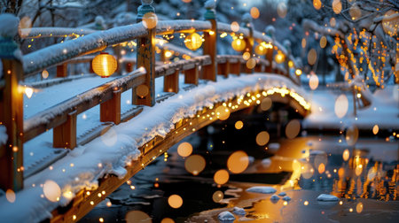 A serene winter scene featuring a wooden bridge adorned with glowing lanterns, surrounded by soft snow and reflecting lights in calm waters during dusk.の素材