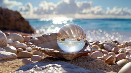 A stunning crystal sphere rests on a seashell by the sparkling shoreline, capturing the essence of nature with reflections of sky and sea. Perfect for serene imagery.の素材