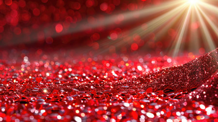 This captivating image features a sparkling red glitter surface illuminated by rays of sunlight, perfect for creative projects and celebratory themes.の素材