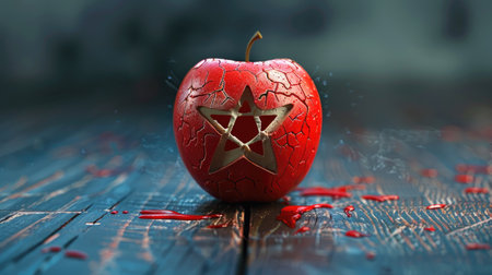 This striking image features a cracked red apple adorned with a pentagram symbol, exuding an eerie yet artistic vibe against a wooden backdrop.の素材