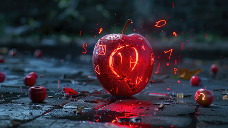 This captivating image features a glowing red apple adorned with mystical symbols, set against a rain-soaked stone surface, evoking wonder and intrigue.の素材