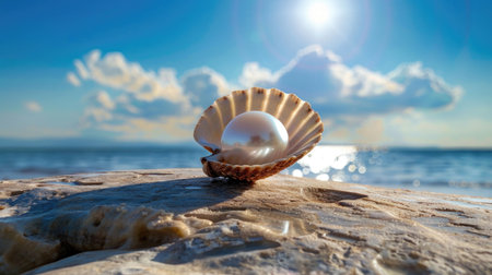 A stunning photograph of a shell with a lustrous pearl, beautifully resting on sandy shores, capturing the serene beach atmosphere under a bright sky.の素材