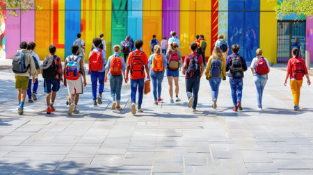 A vibrant scene capturing a diverse group of young individuals walking together in front of a colorful mural, showcasing urban life and friendship.の素材