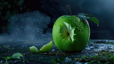 A captivating close-up of a fresh green apple with water droplets and a unique cut design, set against a dramatic dark background, highlighting its freshness.の素材
