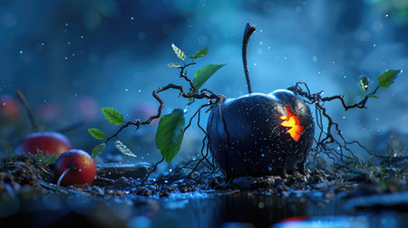 A striking image of a dark apple with glowing inner light, entwined in twisting roots, set in a magical, wet forest atmosphere, evoking intrigue and beauty.の素材
