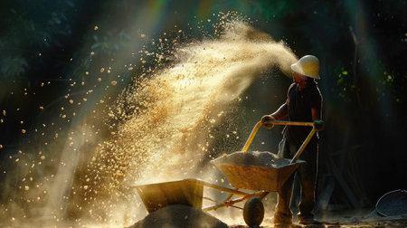 A person operates a wheelbarrow filled with sand, creating a cloud of dust under sunlight. This image captures the essence of hard work and determination in a natural setting.の素材
