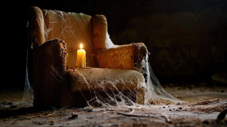 An abandoned vintage armchair draped in cobwebs, featuring a flickering candle. This eerie scene evokes feelings of solitude and nostalgia, capturing the essence of decay.の素材