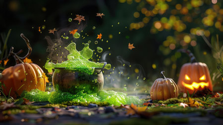 This magical autumn scene features a bubbling green cauldron surrounded by playful pumpkins and floating leaves, evoking a whimsical Halloween atmosphere.の素材