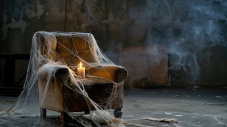 An abandoned armchair draped with cobwebs sits in a dark room, where a solitary candle flickers gently, creating a hauntingly eerie atmosphere.の素材