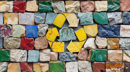 A vibrant mosaic wall art featuring an array of colorful recycled tiles, showcasing a green recycling symbol at the center. Perfect for eco-friendly decor.の素材