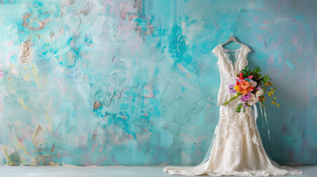 A beautifully displayed wedding dress featuring intricate lace details hangs against an abstract blue background, paired with a vibrant floral bouquet. Ideal for wedding inspirations.の素材