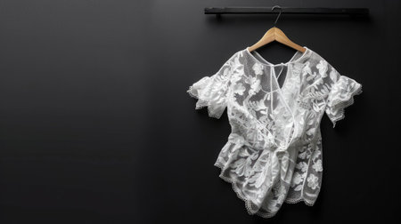 This image features an elegant white lace top displayed on a wooden hanger against a dark wall, highlighting intricate patterns and textures suitable for fashion-related projects.の素材