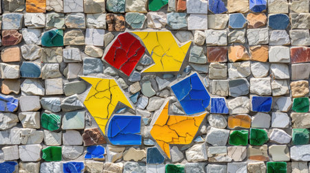 This vibrant mosaic features a recycling symbol crafted from colorful stone and tile pieces, embodying creativity and sustainability in modern art.の素材