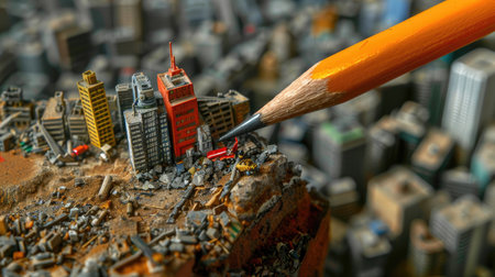 A stunning close-up of a miniature urban scene featuring a brightly colored pencil interacting with a detailed cityscape, showcasing construction and chaos.の素材