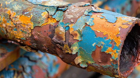 This close-up image showcases a rusty metal pipe with vibrant colors peeling away, creating an abstract and textured aesthetic perfect for industrial-themed photography.の素材