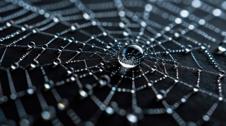 This stunning close-up captures dew drops elegantly resting on a spider web, showcasing the intricate beauty of nature in a serene atmosphere.の素材