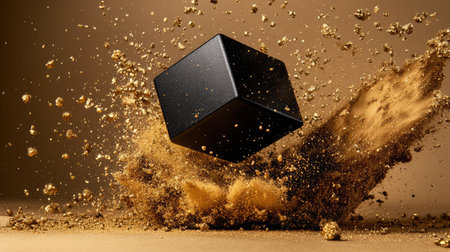 A captivating black cube bursts through a cloud of golden particles and dust, creating dynamic motion on a smooth gradient background, suitable for abstract art.の素材