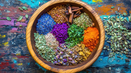 A stunning display of spices and herbs arranged in a circular wooden bowl on a colorful rustic table, showcasing the beauty and diversity of natural ingredients.の素材