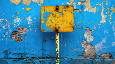 A vivid yellow sign stands out against a blue wall, showcasing peeling paint and captivating textures. The combination reflects urban decay and artistry.の素材