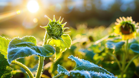 A captivating image showcasing a sunflower bud with a frost coating, illuminated by the morning sun, exemplifying the beauty of nature's awakening.の素材