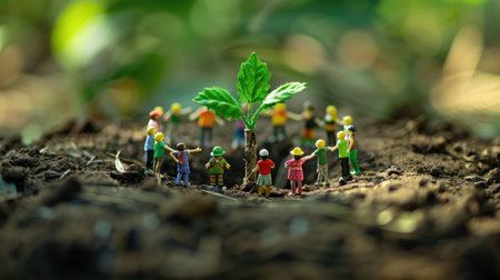 Tiny figures surround a small tree, symbolizing community effort in environmental care. The lush green background highlights the importance of nurturing nature through teamwork and dedication.の素材