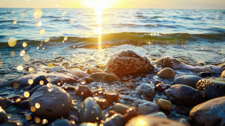 A captivating scene of sparkling waves gently reaching the shore, showcasing smooth stones and warm sunlight at sunrise, evoking serenity and beauty.の素材