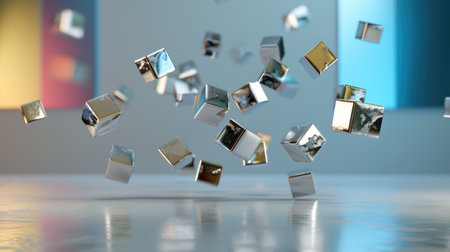 This captivating image showcases floating metallic cubes in a stylish abstract environment. The arrangement creates a sense of motion and modern artistry.の素材
