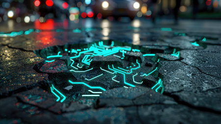 This image captures a mesmerizing urban scene at night, showcasing cracked pavement illuminated by vibrant, glowing circuit patterns. A blend of technology and art, it creates an intriguing atmosphere filled with color and energy.の素材