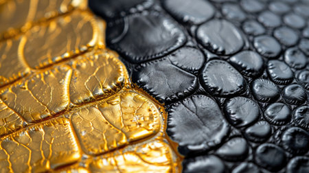 This captivating close-up showcases the intricate texture of crocodile leather in black and gold. The elegant surface highlights the luxurious qualities and rich patterns, making it ideal for design concepts in fashion or interior decor.の素材