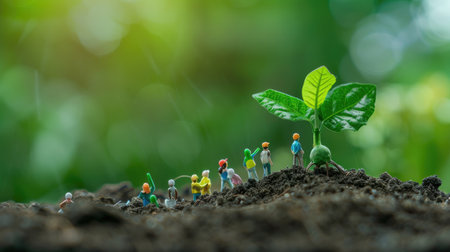 This vibrant image showcases miniature figures engaged in planting a green sapling in rich soil, highlighting teamwork and environmental care in a natural setting.の素材
