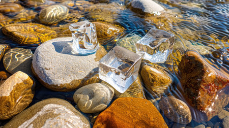 This image features clear ice cubes resting on smooth stones within a flowing stream, captured under bright sunlight that highlights their beauty.の素材