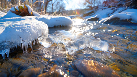 A stunning winter scene featuring glimmering ice bubbles resting in a clear stream, surrounded by peaceful snowy landscapes under bright sunlight.の素材