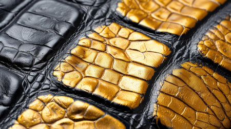 This close-up image showcases the intricate texture of luxurious black and gold crocodile leather. The rich patterns and glossy finish highlight its premium quality, making it ideal for fashion and design projects.の素材