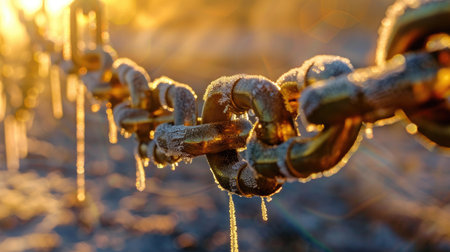 This captivating image showcases frosted chains glistening in the soft glow of a sunrise, creating a striking contrast against the natural landscape.の素材