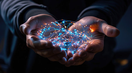 This captivating image features hands gracefully holding glowing digital network connections, showcasing the intersection of technology, data, and innovation in a mesmerizing dark setting.の素材