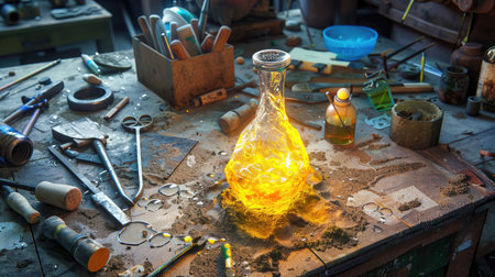 An enchanting scene of a glowing glass flask filled with luminous liquid set amidst an artistic workshop, showcasing various tools and materials.の素材