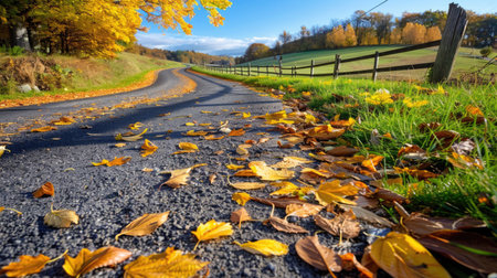 A tranquil autumn landscape depicting a winding country road blanketed with colorful leaves and vibrant trees under a clear blue sky.の素材