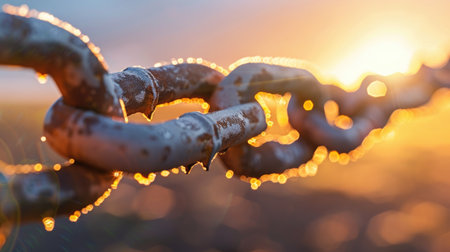 A captivating close-up of rusty chain links adorned with shimmering water droplets, bathed in the warm light of a stunning sunset, showcasing nature's beauty.の素材