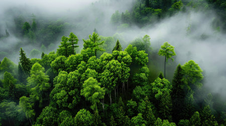 A breathtaking aerial view of a lush green forest enveloped in soft mist, showcasing the tranquility and beauty of untouched nature.の素材