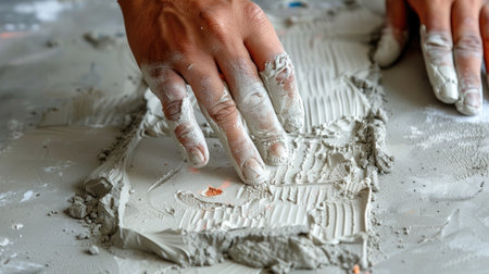A close-up image showcasing a worker's hand applying a cement mixture onto a surface, creating a textured pattern. This illustrates manual craftsmanship in construction and renovation.の素材