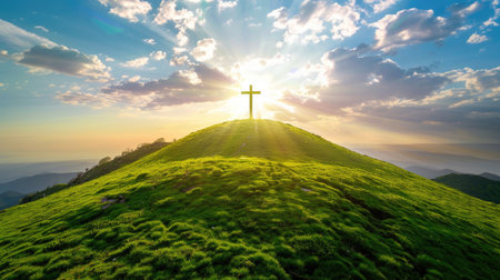 A stunning sunrise illuminates a hill topped with a cross, radiating warmth and hope. The vibrant grass and dramatic clouds create a peaceful atmosphere.の素材
