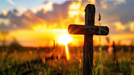 A serene sunset illuminates a wooden cross standing in a grassy field, with vibrant orange and yellow hues filling the sky, creating a peaceful atmosphere.の素材